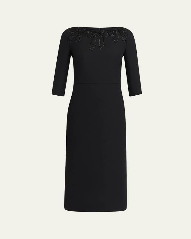Bow Embroidered Wool Silk Midi Dress